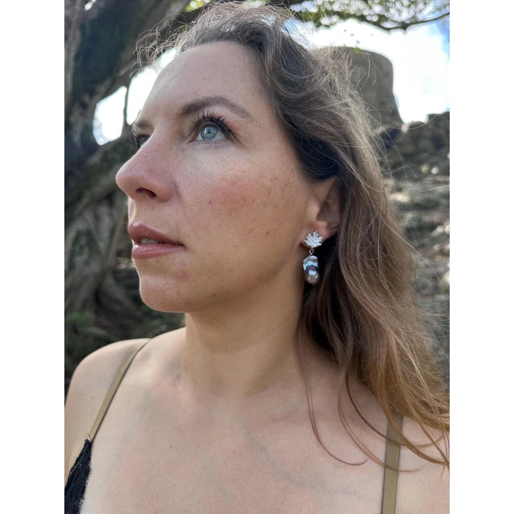12mm Black Peacock Baroque Pearl Leaf Stud Earrings White Patina Bronze Handmade